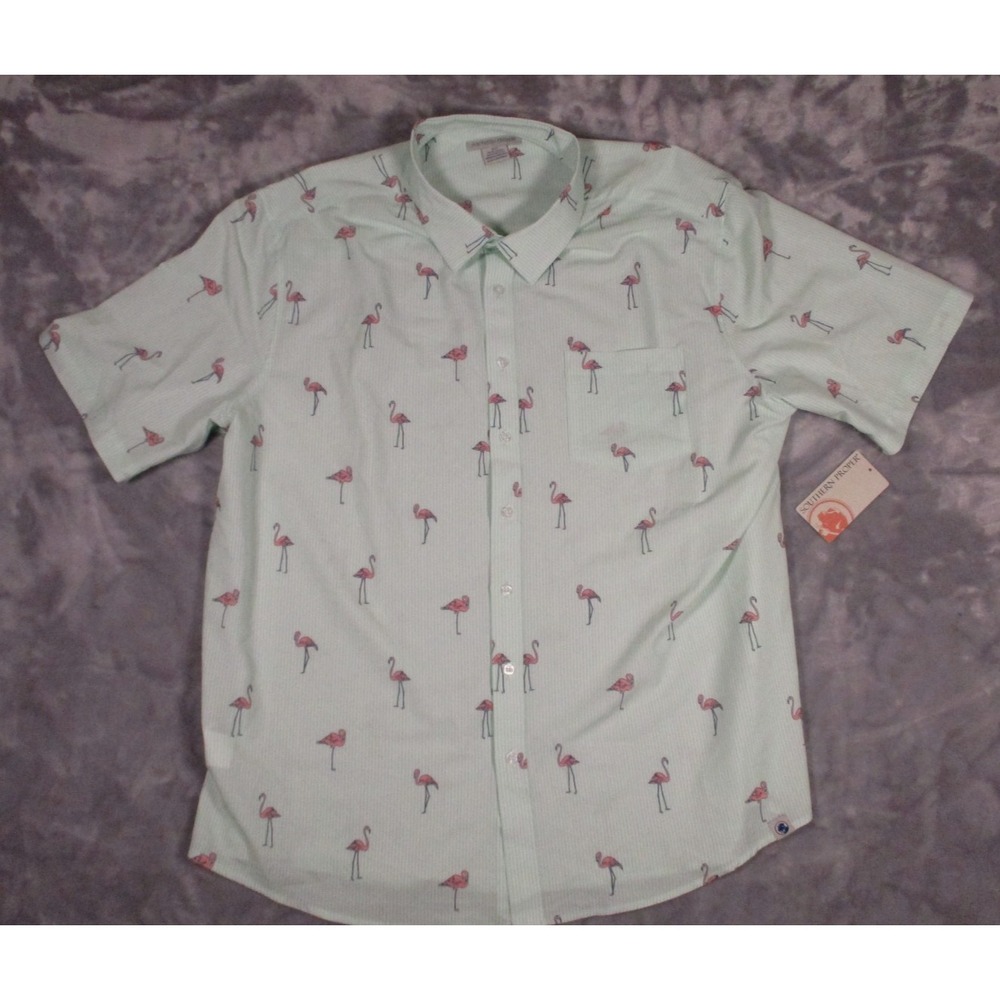 Southern Proper Short Sleeve Shirt Mens 2XLT‎ Green & White Stripe w/ Flamingos